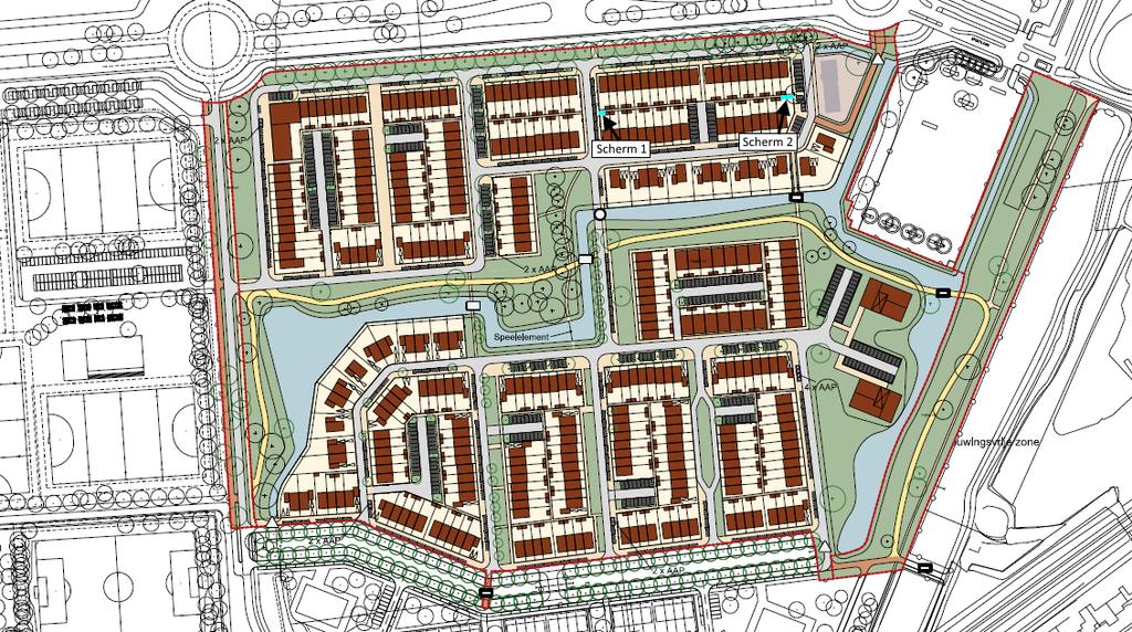 5 Situering akoestische tuinschermen Voor het noordelijk appartementengebouw en het zorgcomplex wordt niet op alle bouwlagen voldaan aan deze eis.