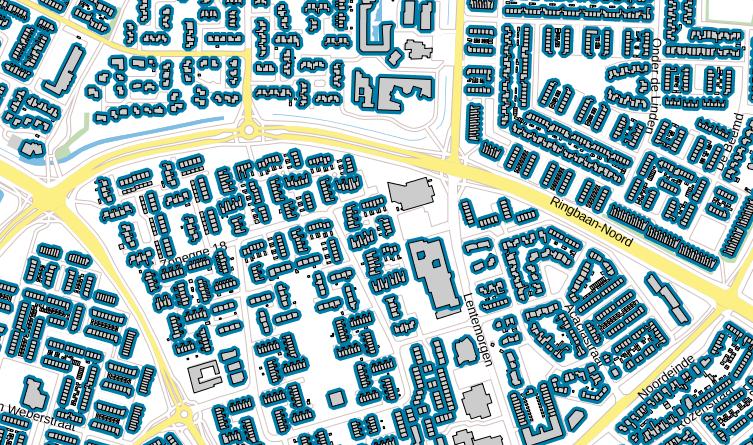 Afbeelding 5-3: Overzicht geluidgevoelige gebouwen omgeving Ringbaan Noord (locatie 2). * Gebouwen met blauwe rand zijn geluidgevoelige gebouwen.