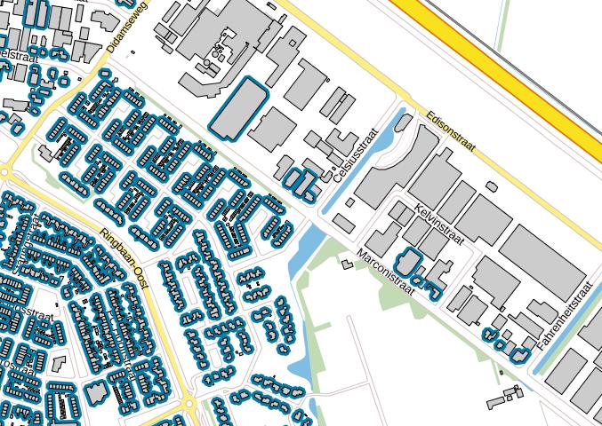 Afbeelding 5-5: Overzicht geluidgevoelige gebouwen omgeving Marconistraat (Locatie 4). * Gebouwen met blauwe rand zijn geluidgevoelige gebouwen.