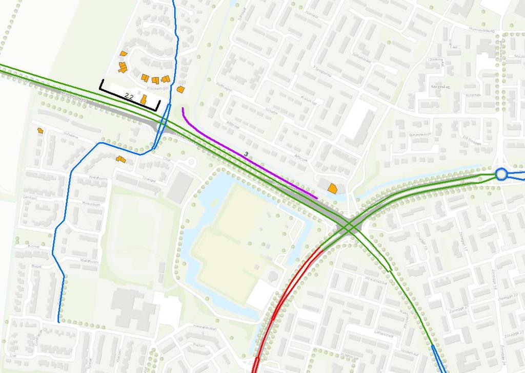 Afbeelding 5-2 Maatregelen en overzicht hogere waarden eindvariant Arnhemseweg. 5.3 Maatregelen Ringbaan-Noord De woningen met een overschrijding liggen op een afstand van 10-50 meter van de Ringbaan-Noord.