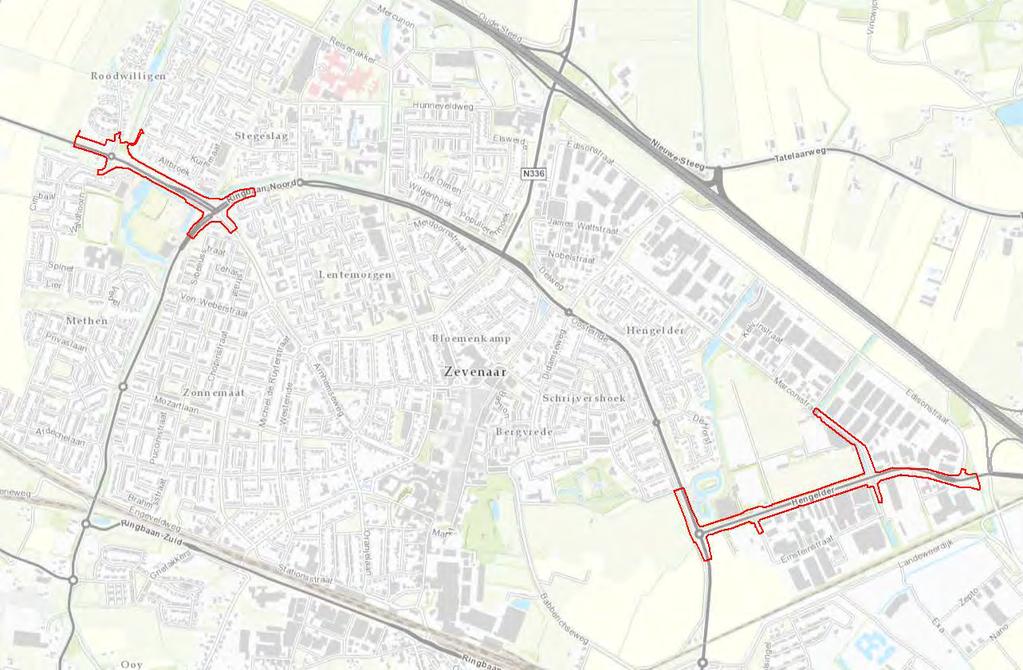 In onderstaande afbeelding is de begrenzing weergegeven van de te wijzigen wegvakken. Afbeelding 1-1 Begrenzing Provinciaal Inpassingsplan.