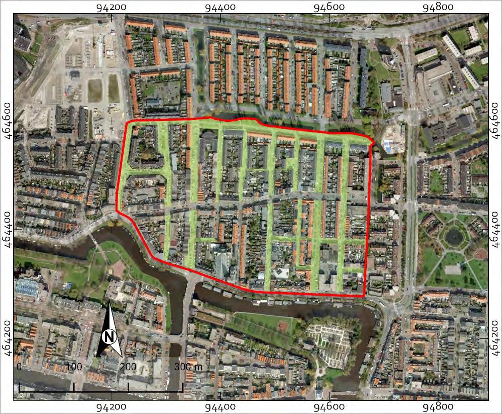 8 Noorderkwartier-Oost Figuur 1.2 Ligging van het plangebied (rode lijn) met de te onderzoeken straten (groen) op een recente luchtfoto( bron luchtfoto: Google 2018).