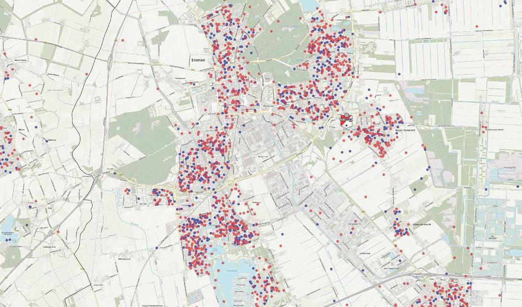 Seizoenkaarthouders en FC Emmen-leden in Emmen en omstreken Data: Kadaster, CBS, ESRI, J.W. van Aalst, FC Emmen Visualisatie: Paul Haan (linkedin.