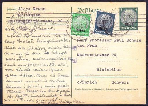 Hiernaast een afstempeling van: Saarburg Lotharingen (Sarrebourg) Als afsluiting een briefkaart verstuurd 11 februari 1941 vanuit Mülhausen (Mulhouse) naar Winterthur, Zwitserland.