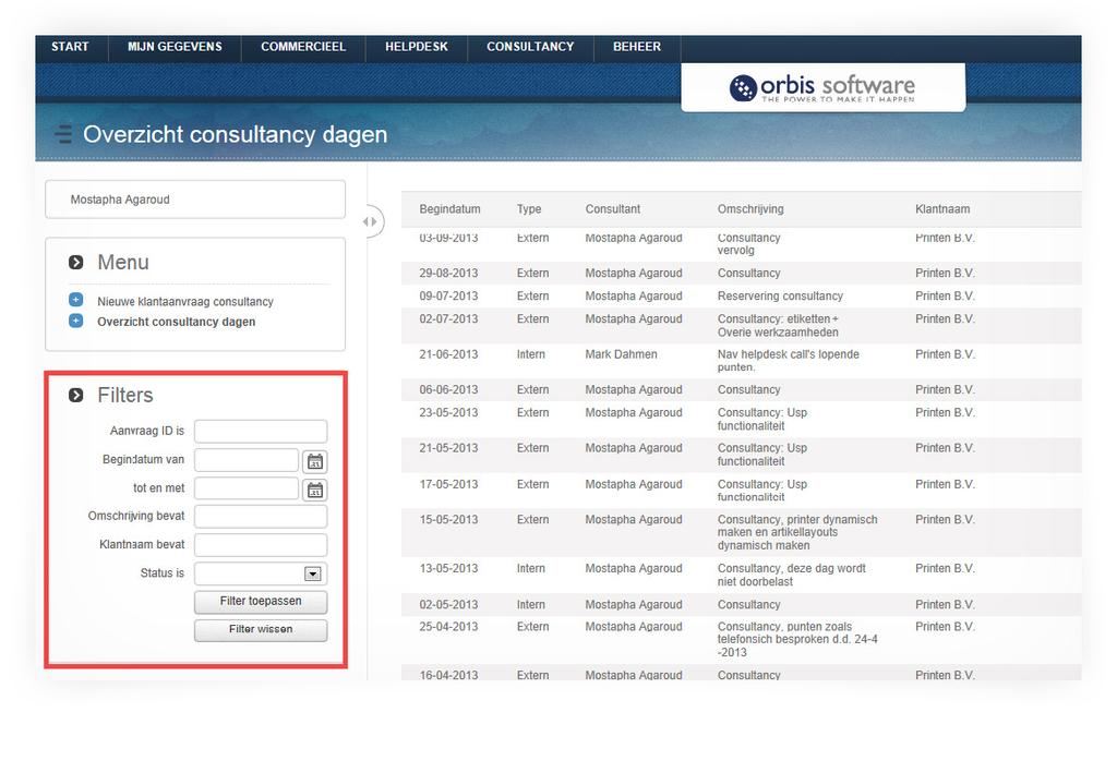 Algemene functies Orbis Klantenportal Filters toepassen in overzichten Bij overzichten zoals consultancy dagen is het mogelijk zogenaamde filters toe te passen.