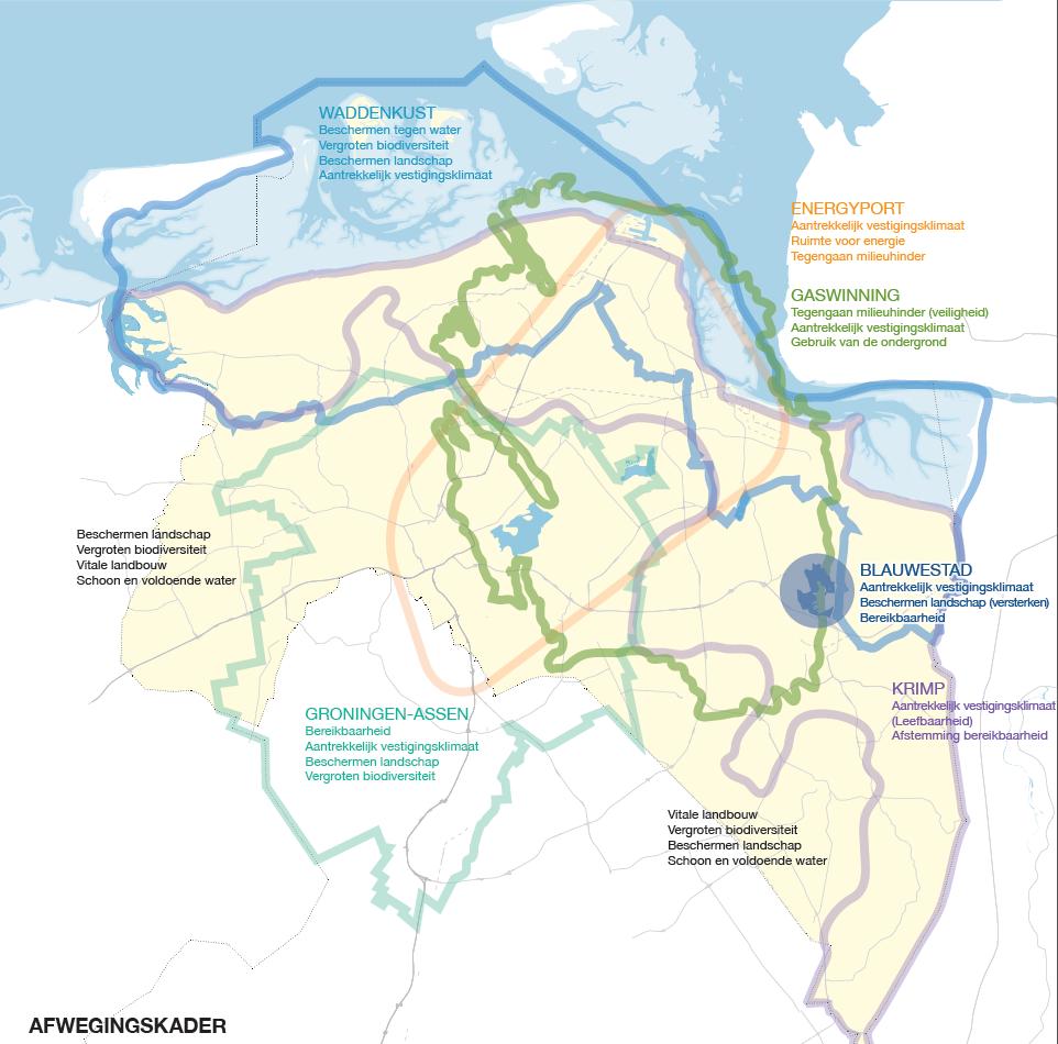 Opgaven In planperiode van deze Omgevingsvisie zien we zes grote opgaven: 1 Gaswinning 2 Energyport 3 Krimp 4 Regio Groningen-Assen 5 Waddenkust 6 Blauwestad In deze opgaven komen verschillende