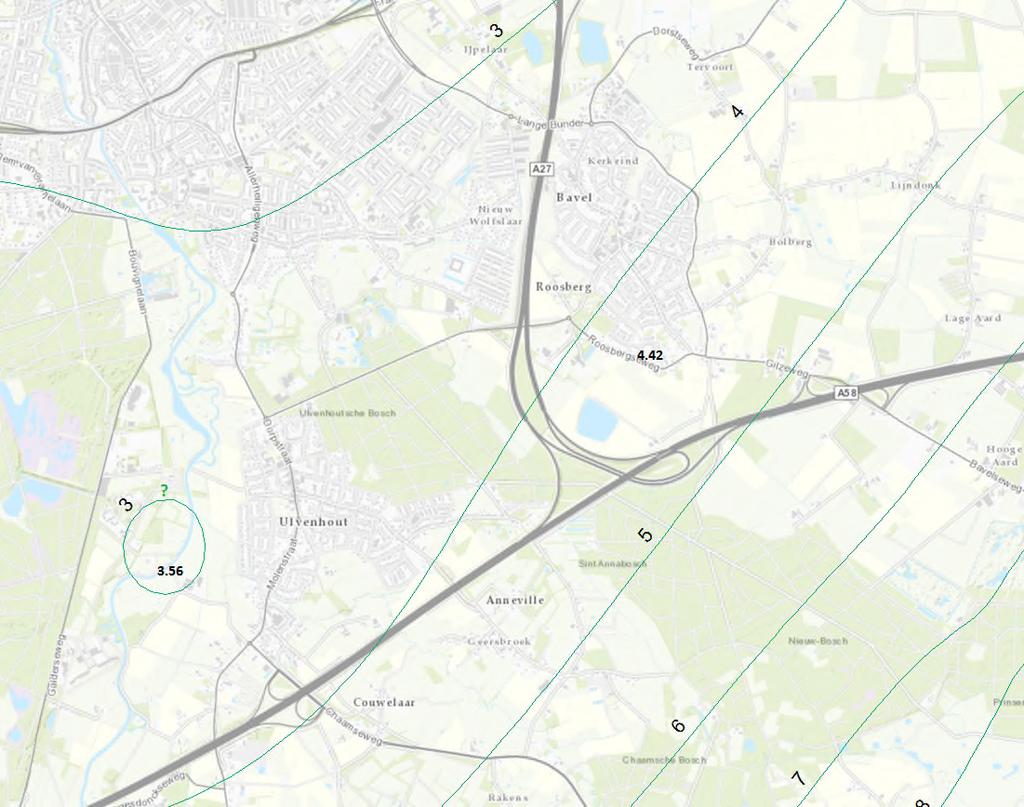 Figuur 3.2. Isohypsen van het tweede watervoerende pakket op 28 april 1995 (m NAP). Van twee peilbuizen zijn de waarnemingen in het betreffende pakket beschikbaar (4.42 en 3.56).