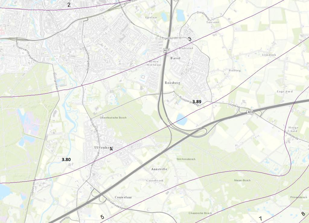 Figuur 3.3. Isohypsen van het derde watervoerende pakket op 28 april 1995 (m NAP). Van twee peilbuizen zijn de waarnemingen in het betreffende pakket beschikbaar (3.80 en 3.89).