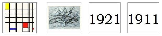 Opdracht 3.6: Hieronder staan vier kaartjes afgebeeld. Op het eerste kaartje zie je een abstract schilderij, op het tweede een figuratief werk (een boom).