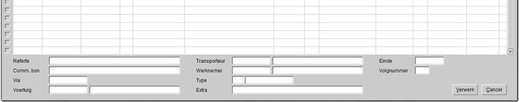 bon F - * Via G - * Voertuig H - * Voertuig oms I - * Transporteur J - * Transporteur oms K - * Werknemer L - * Werknemer oms M - * Type 1 = Regie / 2 = Contract / 3 = Nazorg N -