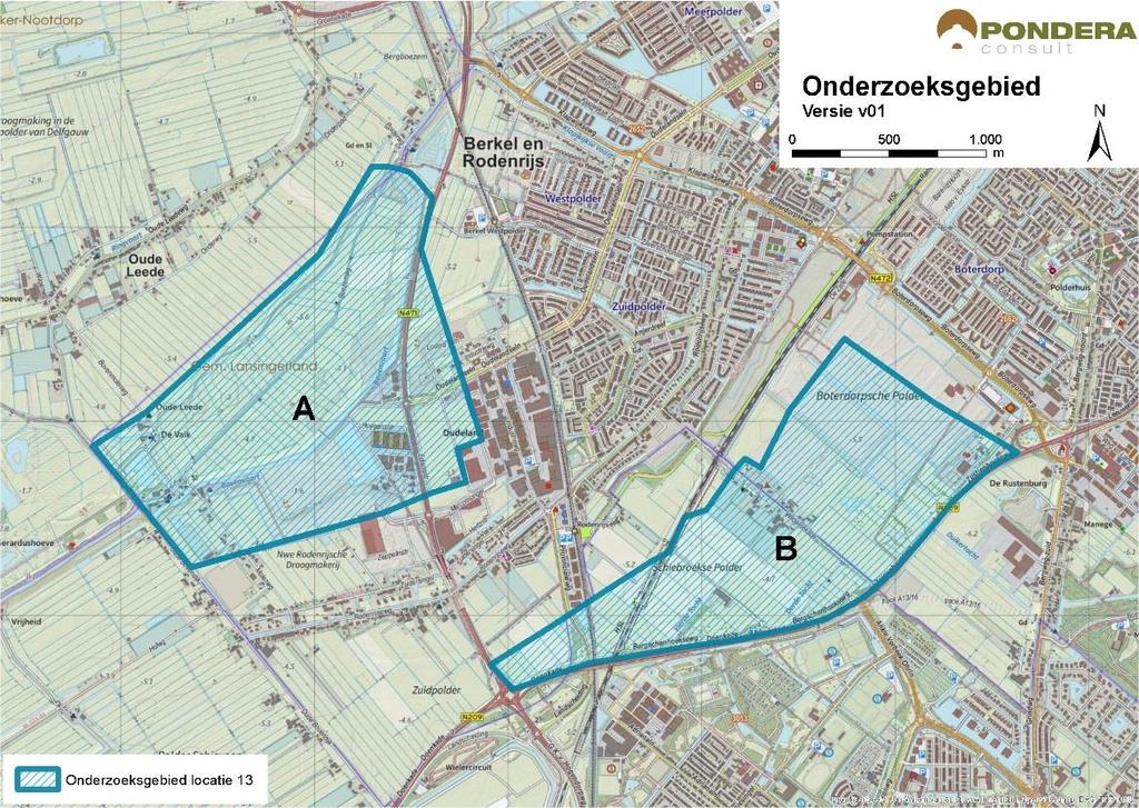 213 BEOORDELING ONDERZOEKSGEBIED 13B BEDRIJVENTERREIN OUDELAND Beschrijving locatie Locatie 13b ligt aan de zuidrand van Berkel en Rodenrijs en bestaat in de huidige situatie vooral uit agrarische