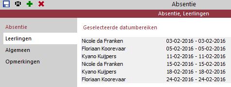 Voor een overzicht van de toegevoegde absenties is een apart menu beschikbaar. Zie 4. 3 ABSENTIES PER GROEP Via dit menu kunt u absenties toevoegen bij leerlingen van een groep.