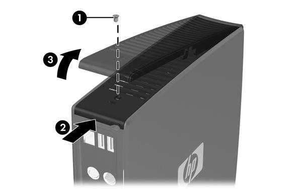 2. Druk het afdekplaatje van het compartiment ongeveer 0,6 cm richting de voorkant van het apparaat (2) en verwijder het (3).