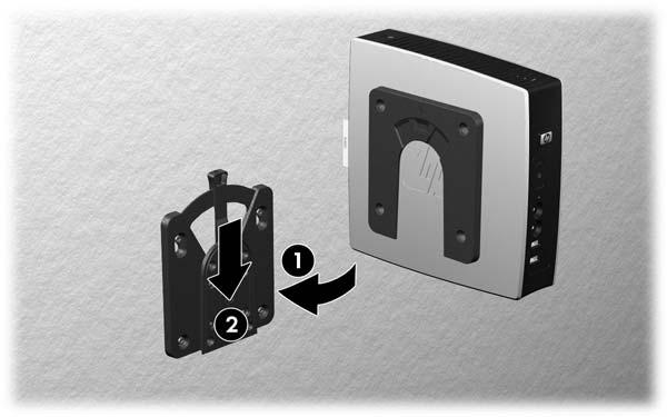 3. Schuif het deel van de HP Quick Release dat is bevestigd aan de thin client (1) over het deel (2) dat is bevestigd op het apparaat waarop u de thin client wilt monteren.