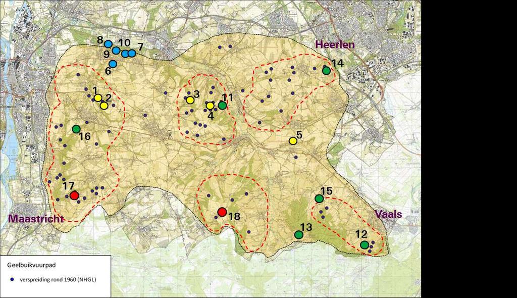 GEELBUIKVUURPAD Een actueel beeld van de leefgebieden van de geelbuikvuurpad in Limburg is weergegeven in figuur 2. De geelbuikvuurpad werd tot en met 2015 jaarlijks gemonitord in alle leefgebieden.