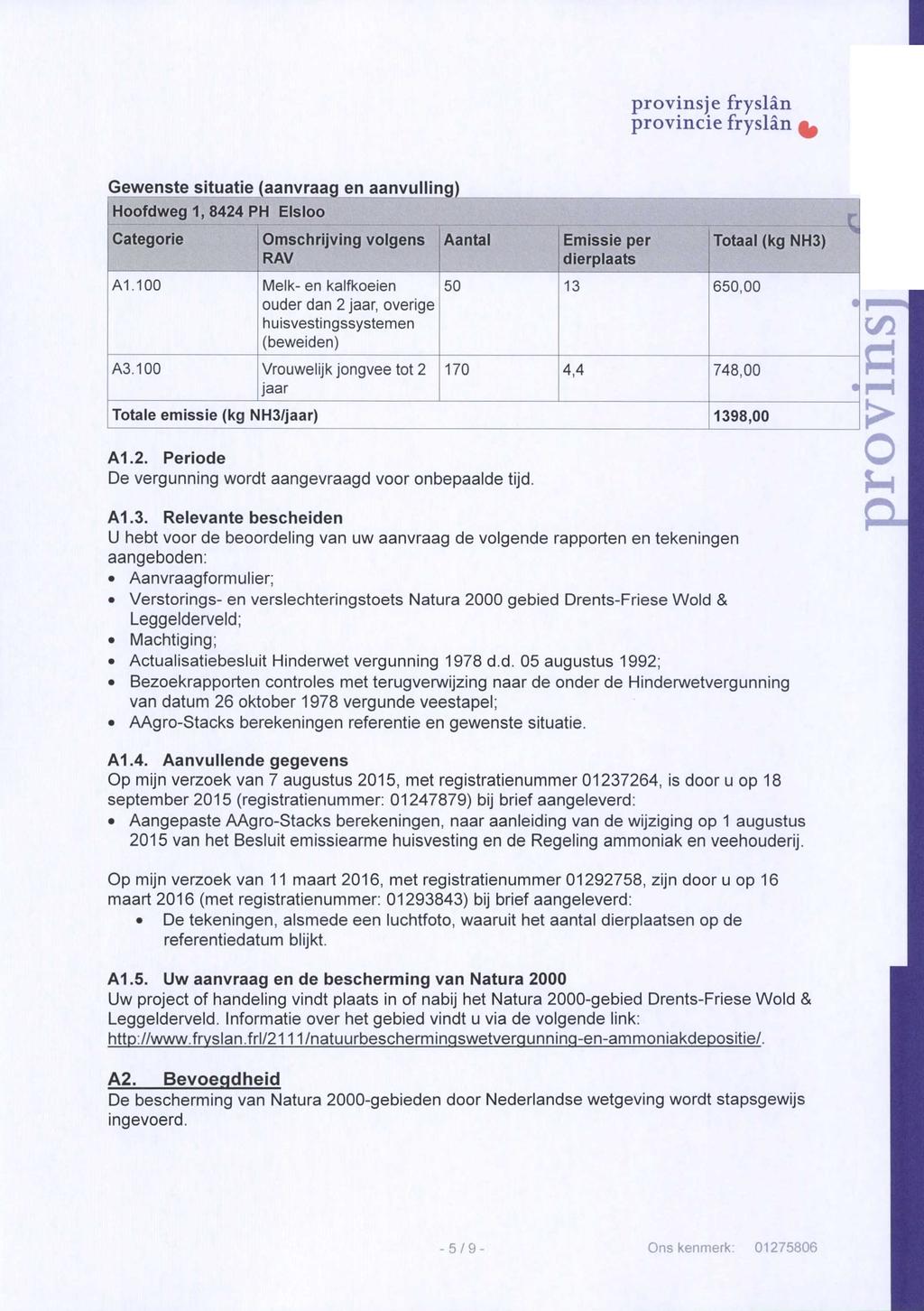 Gewenste situatie (aanvraag en aanvulling) Hoofdweg 1, 8424 PH Elsloo Categorie Al.100 mschrijving volgens RAV Melk- en kalikoeien ouder dan 2 jaar, overige huisvestingssystemen (beweiden) A3.