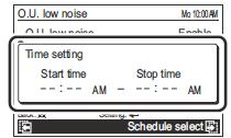 4 Stel een tijdsduur in voor de stillere werking. Selecteer met de pijltjestoets (op/neer) Time setting en druk op de entertoets. 5 Bij Start time (inschakeltijd) licht het uur op.