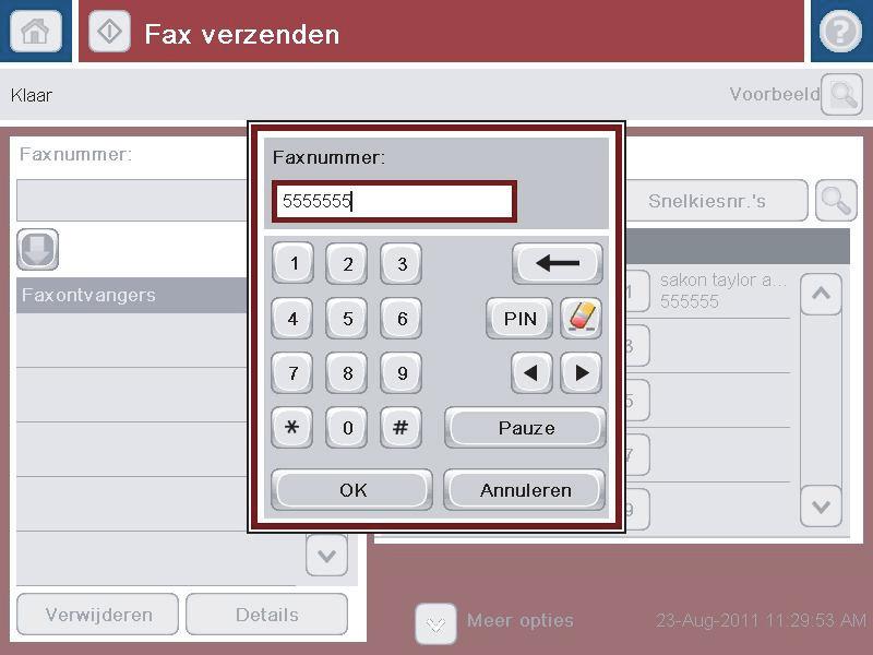 4. Raak het veld Faxnummer aan. 5. Voer een telefoonnummer in en raak vervolgens de knop OK aan. OPMERKING: Gebruik het fysieke of het virtuele toetsenbord om tekens in te voeren. 6.