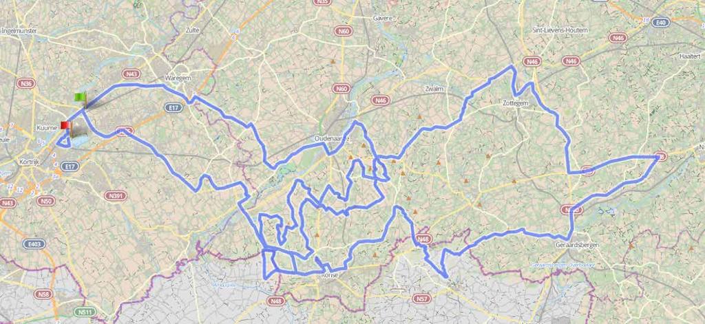 Vrijdag 24 maart 2017 0 Harelbeke 10km 20km 30km 40km 50km 60km 70km 80km 90km 100km 110km Kattenberg Balegem Zarlardinge La Houppe 1 2 Oude Kruisberg 3 Totaal: 206,4 km 206,1km 120km 130km 140km