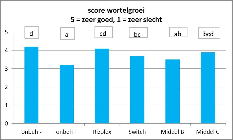 Figuur 2. Score voor de wortelgroei aan het eind van de proef (december 2012). 4.3.