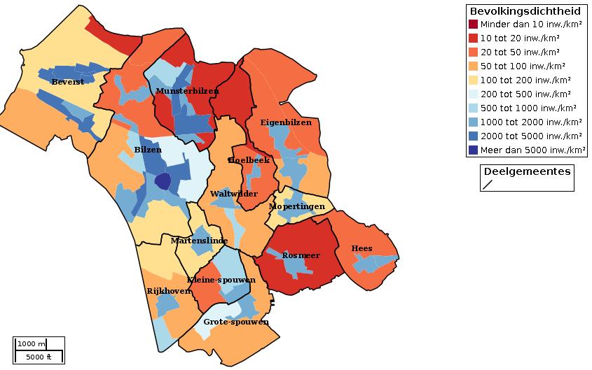Kaartvisualisatie inwoners per statistische sector (wijk) voor Bron: Provinciale