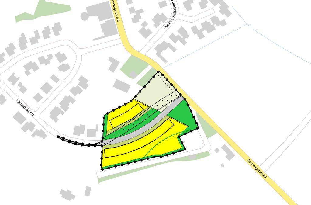 Figuur 3.2 Bestemmingsplan Lomanskamp 2 Beuningen met geel gearceerd de locaties van een 12-tal woningen 3.