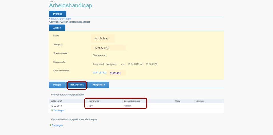 Detail Premie Klik op het WOP-referentienummer om naar het detailscherm van een specifieke doelgroepmedewerker te gaan Klik op het tabblad Behandeling om de aangevraagde loonpremie en de