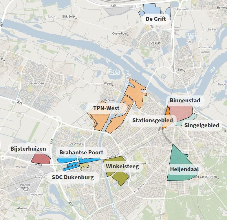 Figuur 2: Overzichtskaart van de werkgebieden in Nijmegen.