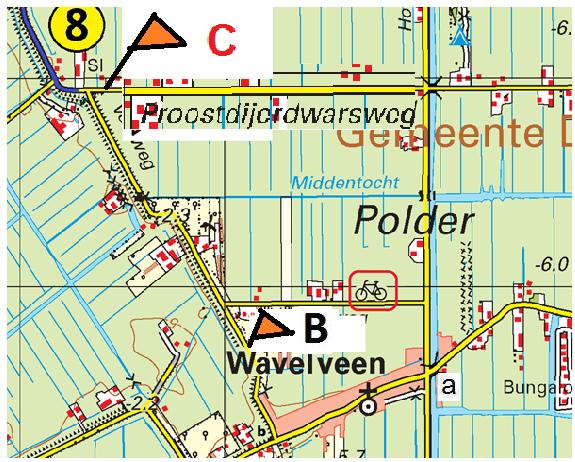 Bij a staande lijkt het logisch naar boven te rijden en niet via het fietsje maar via de Proostdijerdwarsweg naar de voet van pijl 8 te gaan.