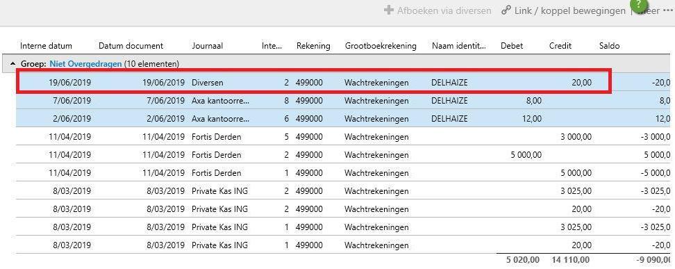 Indien er meerder uitgaande betalingen terug te vinden zijn op de wachtrekening en die dezelfde bestemmingsrekening hebben, dan dient u eerst de diverse boeking aan te maken in het diversenjournaal