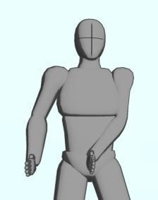 Onderarmen, handen wijzen naar voren. De hoek van de elleboog is circa 90 graden, de onderarm is horizontaal. Armen gaan naar links en naar rechts.