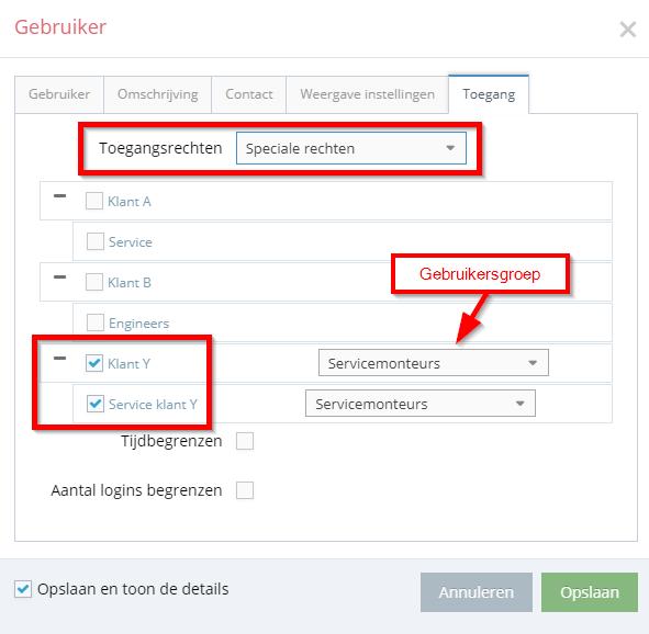 In dit voorbeeld alleen de rechten van client Klant Y en Service klant Y.