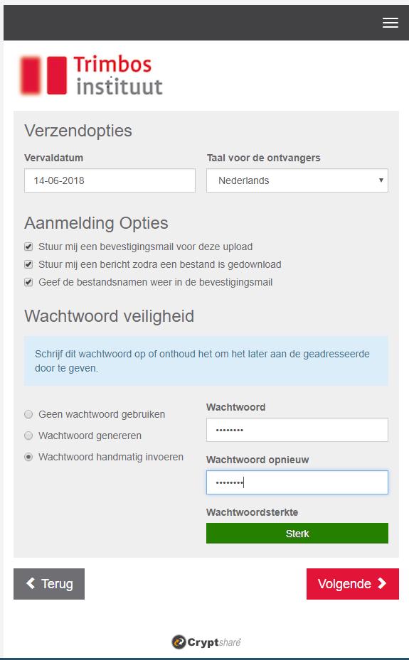 4.Verzendopties mail/sms het wachtwoord naar de ontvanger Nu kunt u de verzendopties invoeren. Voer een vervaldatum in. Standaard staat dit op 10 dagen.