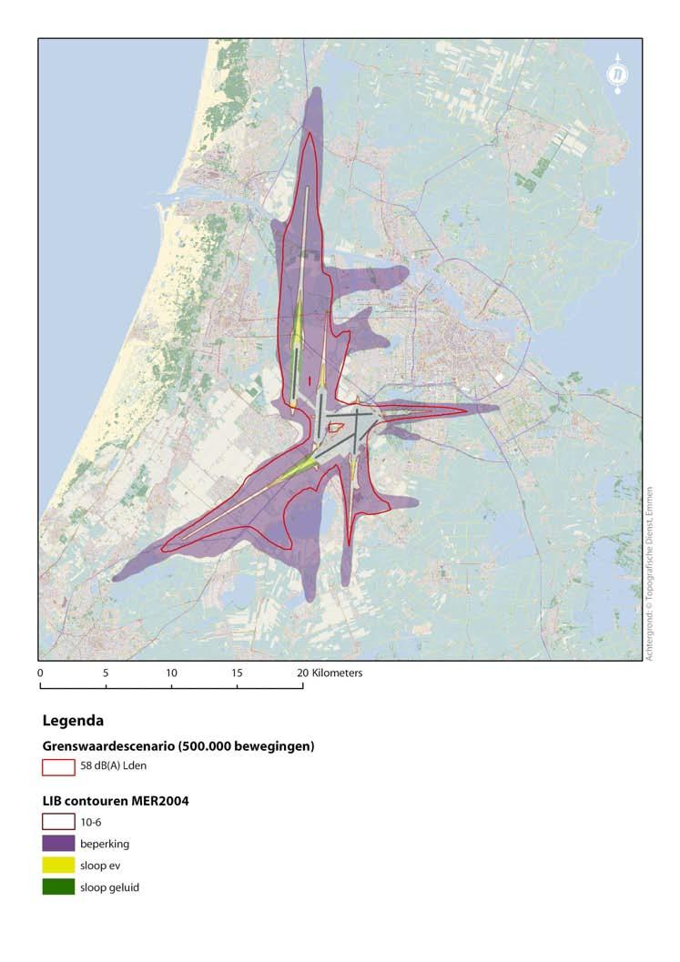 LIB-contouren Onderstaande figuur geeft de ligging van 58 db(a) L den-contour weer die hoort bij de geactualiseerde invoergegevens en een volume van 500.000 vliegtuigbewegingen.