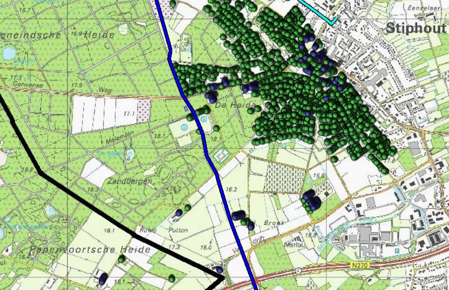 3.3 Populatie In onderstaande figuur is de ingevoerde populatie weergegeven. Groen betreft wonen, blauw betreft bedrijven.