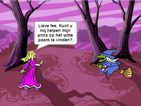 Voorbeeld 8: Werken met signalen Een prinses is een wandelingetje aan het maken in het bos en komt daar een fee tegen. Aan de fee vraagt ze hulp, ze zoekt haar prins.