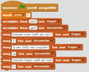 Antwoorden o Creëer de variabele score - Wanneer op de groene vlag geklikt wordt o Wordt de variabele score op 0 gezet o Woroden de 2 lijsten