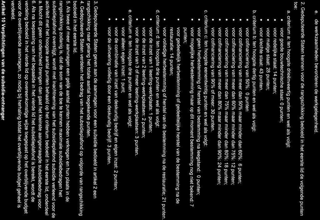 e. de werkzaamheden bevorderen de werkgelegenheid. 2. Gedeputeerde Staten kennen voor de rangschikking bedoeld in het eerste lid de volgende punten toe: a.