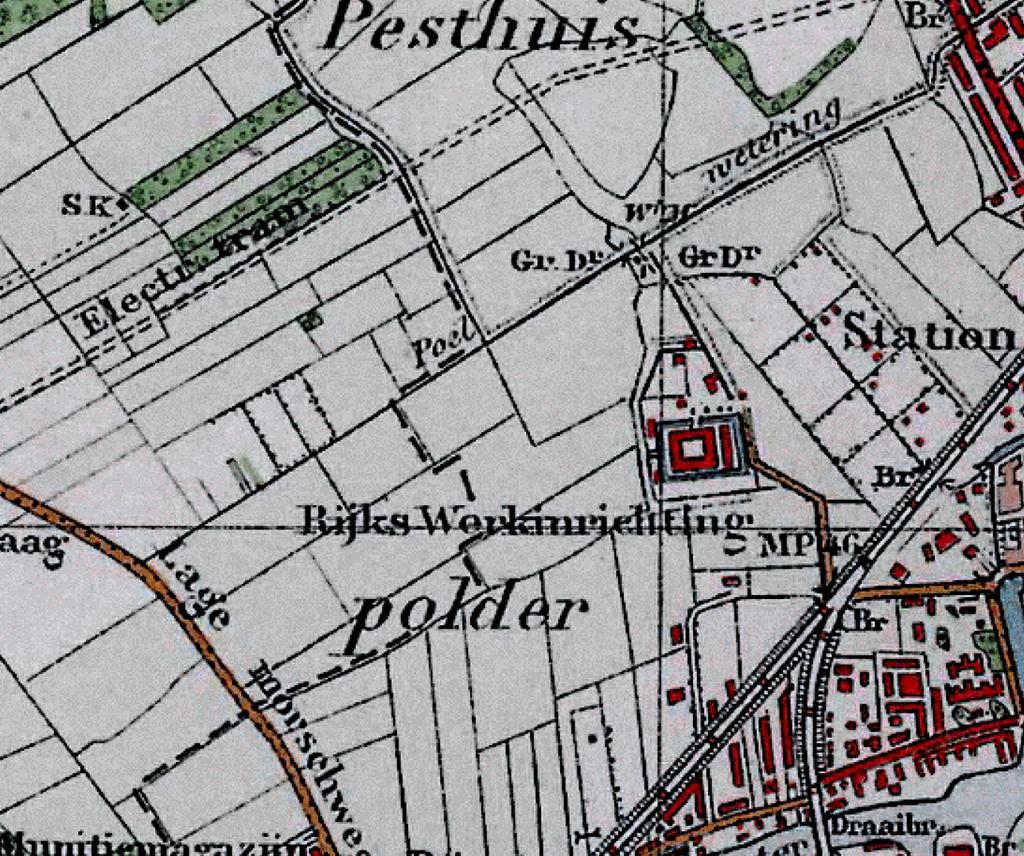 Mendelweg 1-3 te Leiden 17 Figuur 2.6 Uitsnede uit het Bonneblad samengesteld tussen 1900 en 1925 met het plangebied in rood (bron: Kadaster).