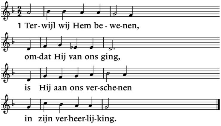 NLB Lied 644 644:2 Terwijl wij om Hem treuren, toont Hij ons hand en voet. Hij komt door dichte deuren, Hij spreekt zijn vredegroet.