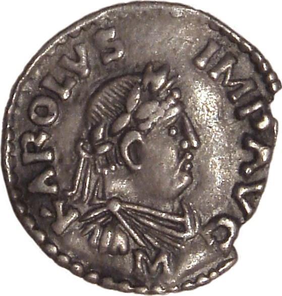 Beeltenis van Karel de Grote op een denarius uit Mainz (812-814) met het opschrift KAROLVS IMP AVG ("Carolus Imperator