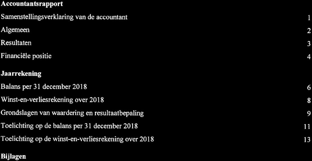 Inhoudsopgave Pagina Accountantsrapport Samenstellingsverklaring van de accountant Algemeen Resultaten Financiële positie l 2 3 4 Jaarrekening Balans per 31 december 2018