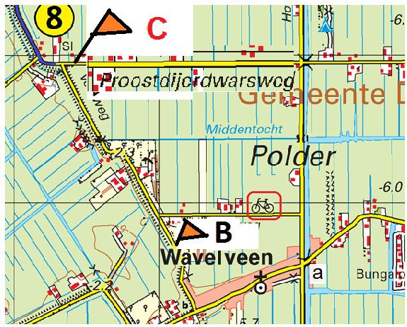 Bij b kun je de rode weg niet op, dus lekker stukje doorrijden en via c-d-e naar pijl 12. Beloning is (gouden) RC F en de 2e RC Y.