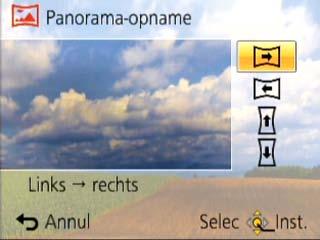 Toepassing (opname) Panoramafoto s opnemen Modus [Panorama-opname] U kunt eenvoudig een panoramafoto opnemen door de camera in de richting te schuiven waarin u de opname wilt maken en automatisch de