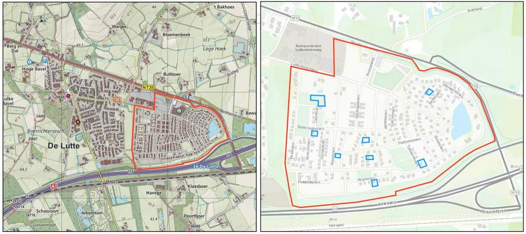 1.2 Ligging van het plangebied Het feitelijke plangebied betreft de 10 percelen die een woonbestemming krijgen. De kavels liggen verspreid op het voormalige recreatiepark Luttermolenveld in De Lutte.