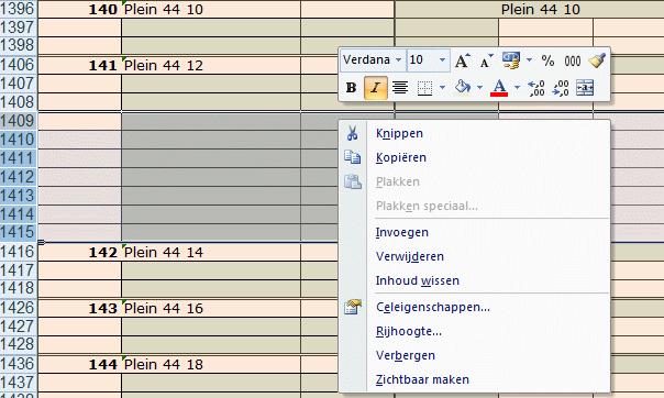 In onderstaand voorbeeld 1407-1415 wil ik 1409 t/m 1415 verbergen Selecteer de gewenste regel en rechtklik met de muis en kies verbergen Dit bestand heeft ruimte voor 150 objecten, U kunt het bestand