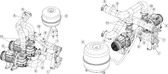 Hydromodule - modellen 039-078 Dubbele pomp afgebeeld Hydromodule - modellen 080-160 Dubbele pomp afgebeeld 13 - INSTELLEN NOMINALE WATERDEBIET Raadpleeg de principeschema s in het hoofdstuk