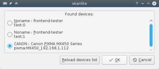 Hoofdstuk 2 Skanlite gebruiken 2.1 Selectie van scanner Een standaard scanner kan gespecificeerd worden op de opdrachtregel van Skanlite met gebruik van skanlite -d [apparaatnaam] in een terminal.