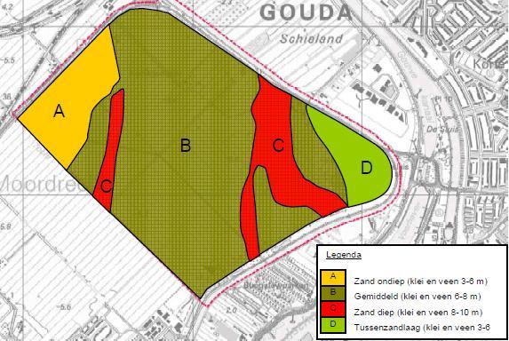 De zandlaag per bodemtype liggen als volgt: - bodemlaag B heeft een zandlaag die tussen -12,0 en -14,0 m ligt; - bodemlaag C heeft een diepe zandlaag die tussen