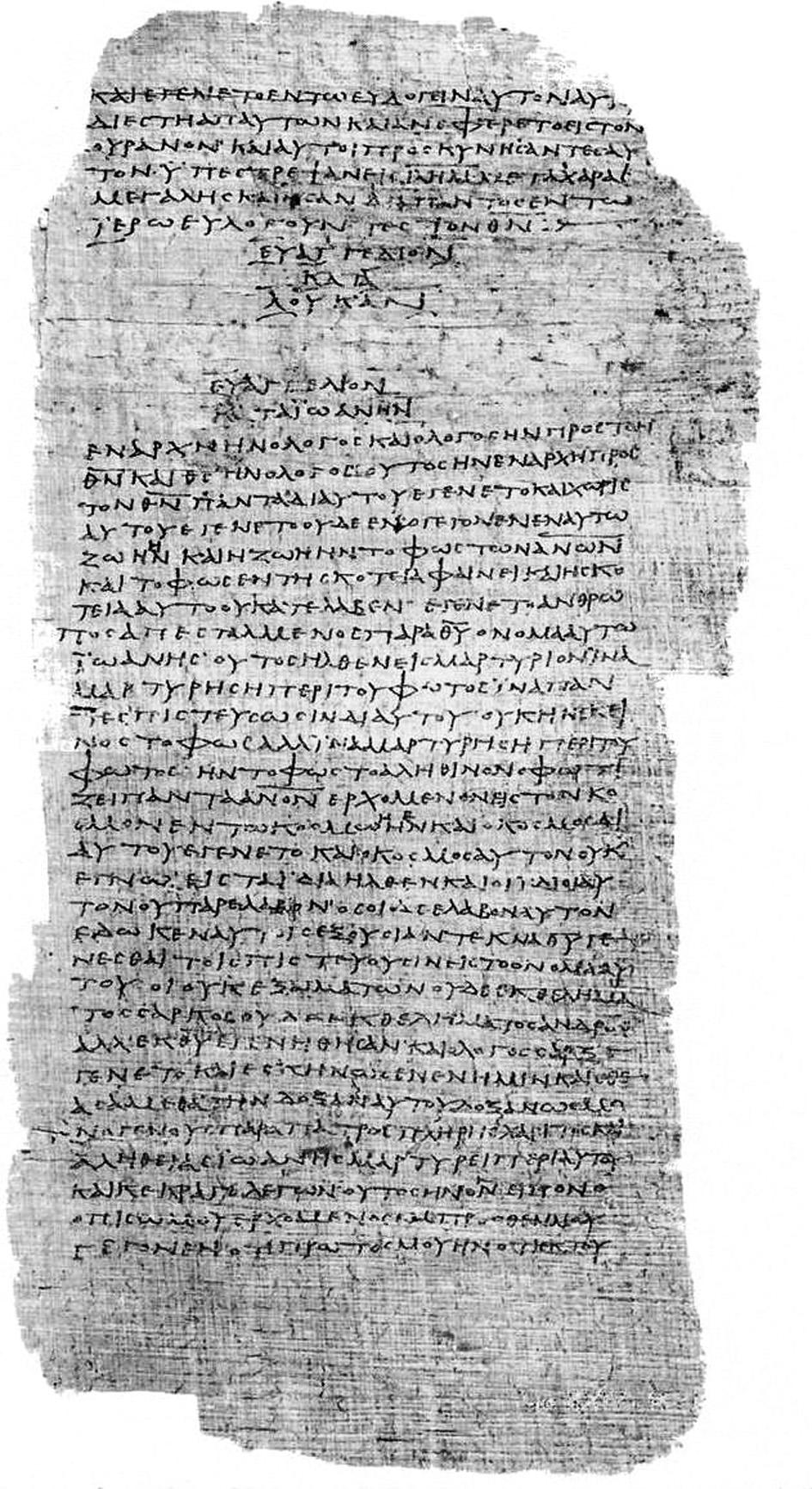 Papyrus 75, derde eeuw n.chr. Het handschrift bevatte oorspronkelijk heel het Lukasen Johannesevangelie.